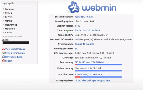 Головне вікно Webmin Головне вікно Webmin
