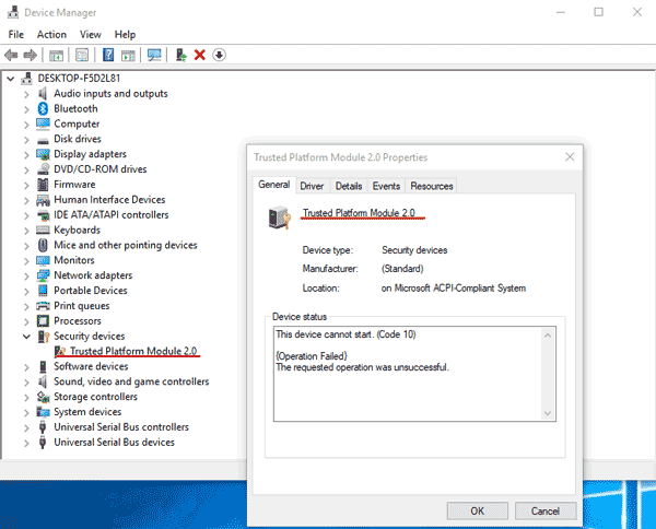 Enabled TPM 2.0 in device manager Enabled TPM 2.0 in device manager